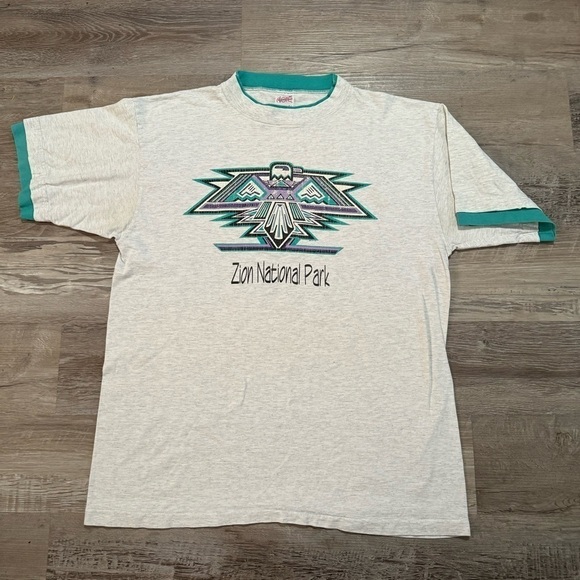 Alore Other - Utah Zion National Park gray and teal green ringer t-shirt single stitch XL